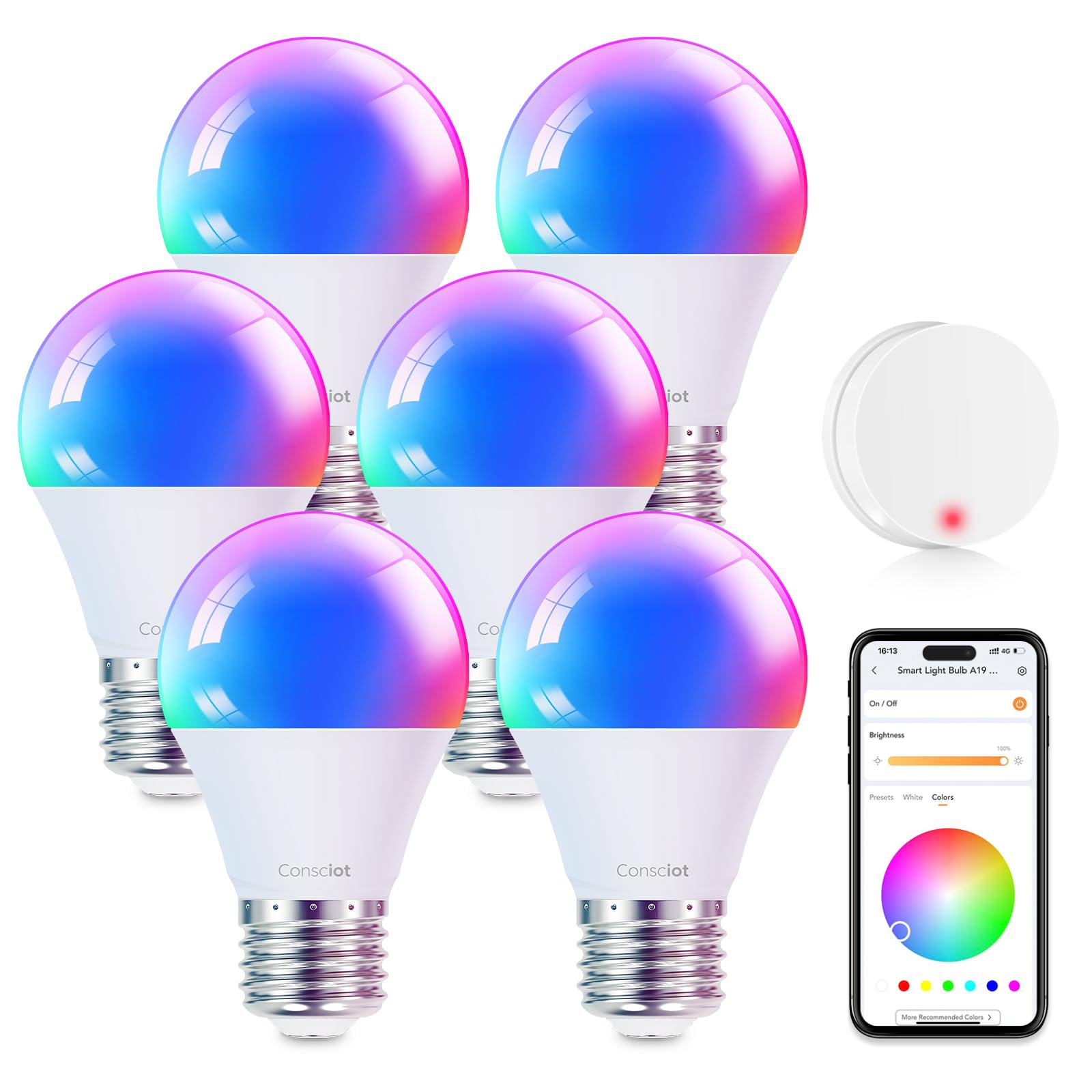 Consciot Smart Light Bulbs with Remote Control, LED Light Bulb That Works with Alexa & Google Home, Color Changing Light Bulb, A19 E26 2.4Ghz WiFi Light Bulbs 60 watt equivalent, 800lm Dimmable 6 Pack