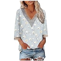 Tunic Tops with 3/4 Sleeves T Shirts for Women Summer V Neck Lace Crochet Flowy Casual Blouses Floral Graphic Tee