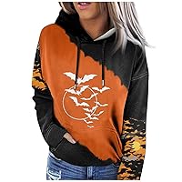 Womens Halloween Clothes Casual Color Block Bat Print Hoodie Long Sleeve Sweatshirt Funny Graphic Pocket Pullover