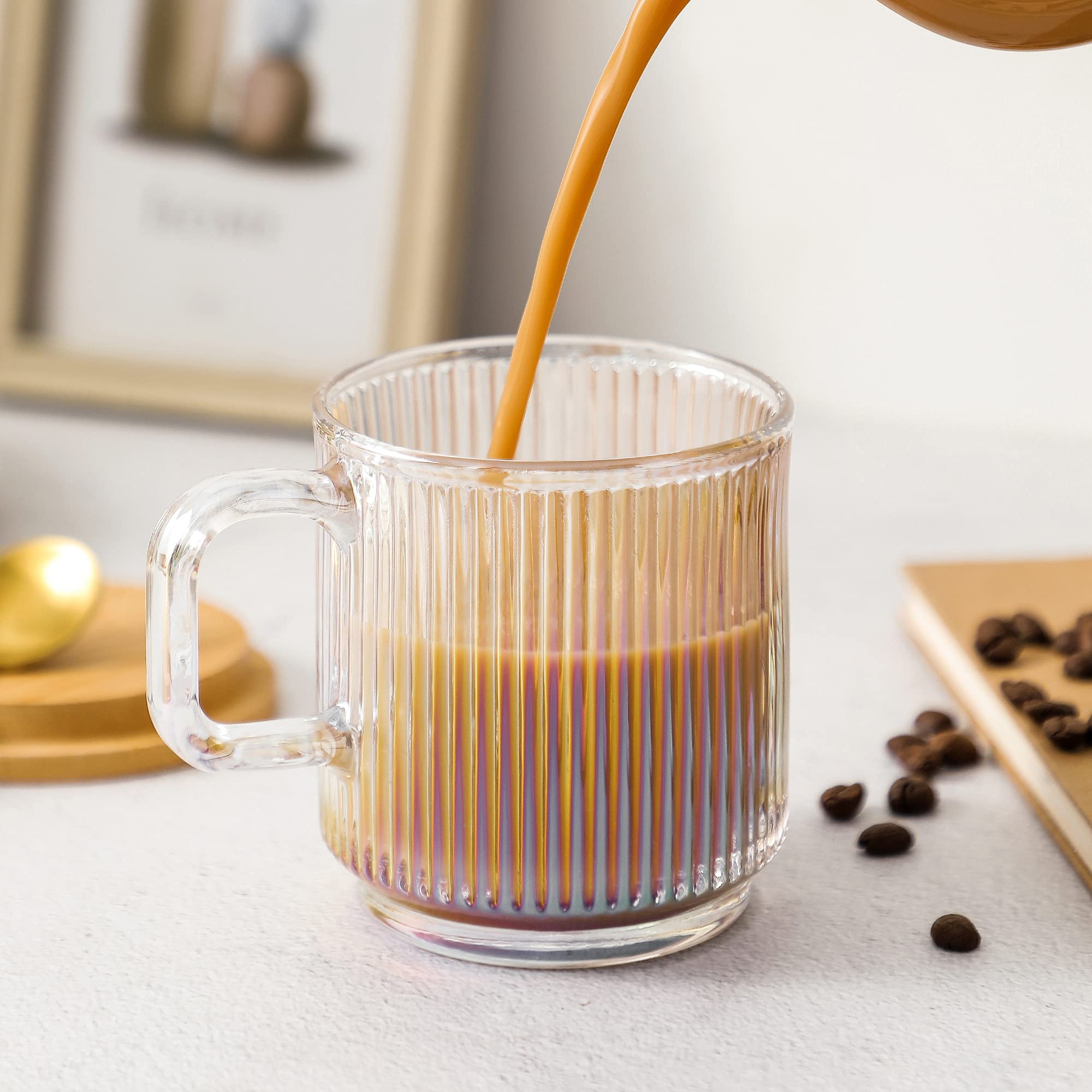 Lysenn Iridescent Glass Coffee Mug with Lid - Premium Classical Vertical Stripes Glass Tea Cup - for |Latte|Tea|Chocolate|Juice|Water| - Unleaded - Bamboo Lid - 12.5 Ounces