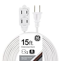GE 3-Outlet Power Strip, 15 ft Extension Cord, 2 Prong, 16 Gauge, Twist-to-Close Safety Outlet Covers, Indoor Rated, Perfect for Home, Office or Kitchen, UL Listed, White, 51962