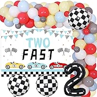 Two Fast Birthday Decoration Vintage for Boy Birthday Two Fast Backdrop Baby Blue Yellow Racing Car Balloon Garland Kit Racing Car Party Supplies with Checkered Flag Balloon Number 2 Foil Balloon