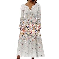 Women's 2023 Fall Plus Size Long Sleeve 1/4 Button V Neck Smocked Boho Floral Midi Dress with Pockets