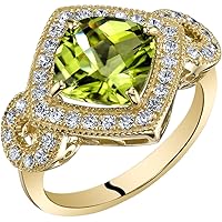 PEORA 14K Yellow Gold Peridot Ring for Women, Genuine Gemstone Birthstone, 2.50 Carats Cushion Cut 8mm, Sizes 5-9