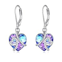 AOBOCO Women's Heart Earrings, 925 Sterling Silver Hoop Earrings Dangle with Blue Crystals, Birthday Gifts for Wife Mother