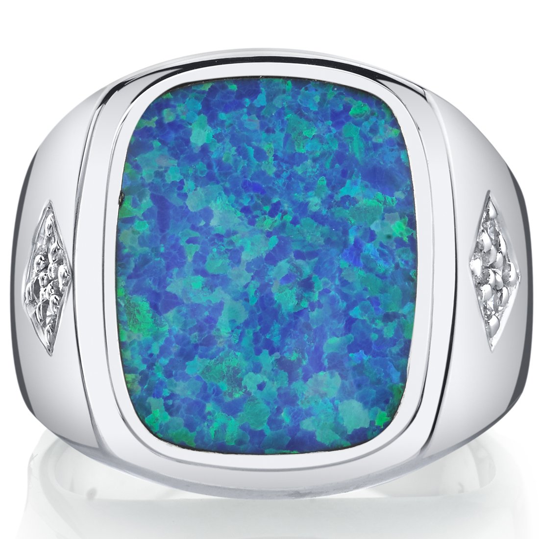 Peora Men's Created Blue Fire Opal Knight Signet Ring 925 Sterling Silver, Large 15x12mm Cushion Cut, Sizes 8 to 13