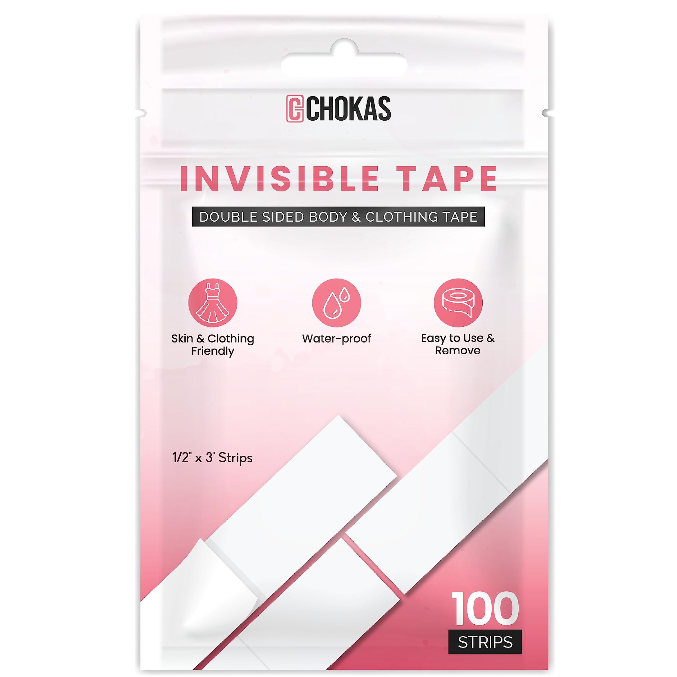 Invisible Fashion Tape Double Sided for All Skin Types (100 Strips) - All  Day Strength Adhesive Fabric Tape for Clothes to Skin, Perfect Hemming Tape