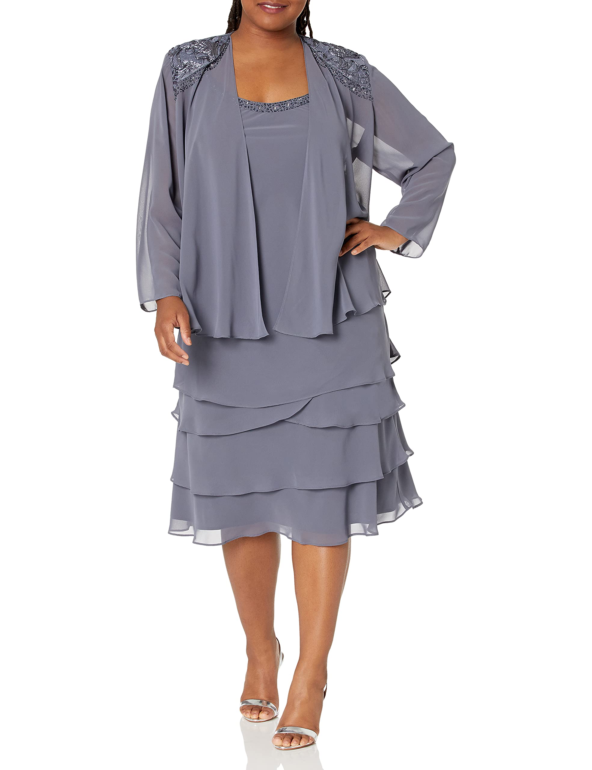 S.L. Fashions Women's Plus Size Embellished Tiered Jacket Dress-Discontinued