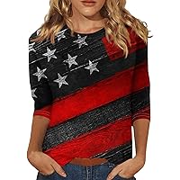 4th of July Shirts for Women 2024 Casual Fashion Tops 3/4 Sleeve Crew Neck American Flag Patriotic Blouses