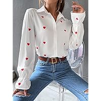 Women's Tops Sexy Tops for Women Shirts Heart Print Flounce Sleeve Shirt Shirts for Women (Color : White, Size : Medium)