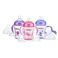 Nuby 3 Piece Natural Touch 3 Stage Wide Neck Breast Size Bottle-to-Cup, Girl