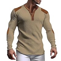 Long Sleeve Waffle Sweatshirts for Men Stylish Waffle Knitted Polo Shirt with Elbow Patches Button Down Pullover Sweaters