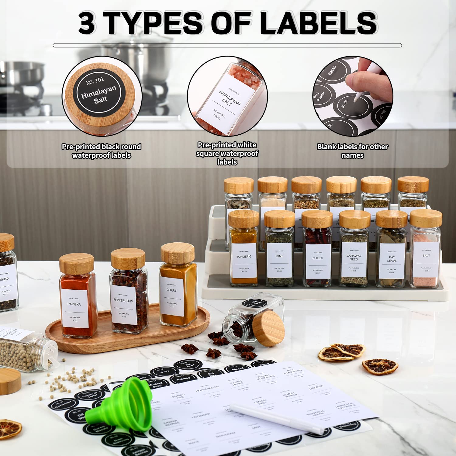DIMBRAH Spice Jars with Label-4oz 24Pcs, Glass Spice Jars with Bamboo Lids,Spices Container Set with White Printed Spice Labels,Kitchen Empty Spice Jars with Shaker Lids