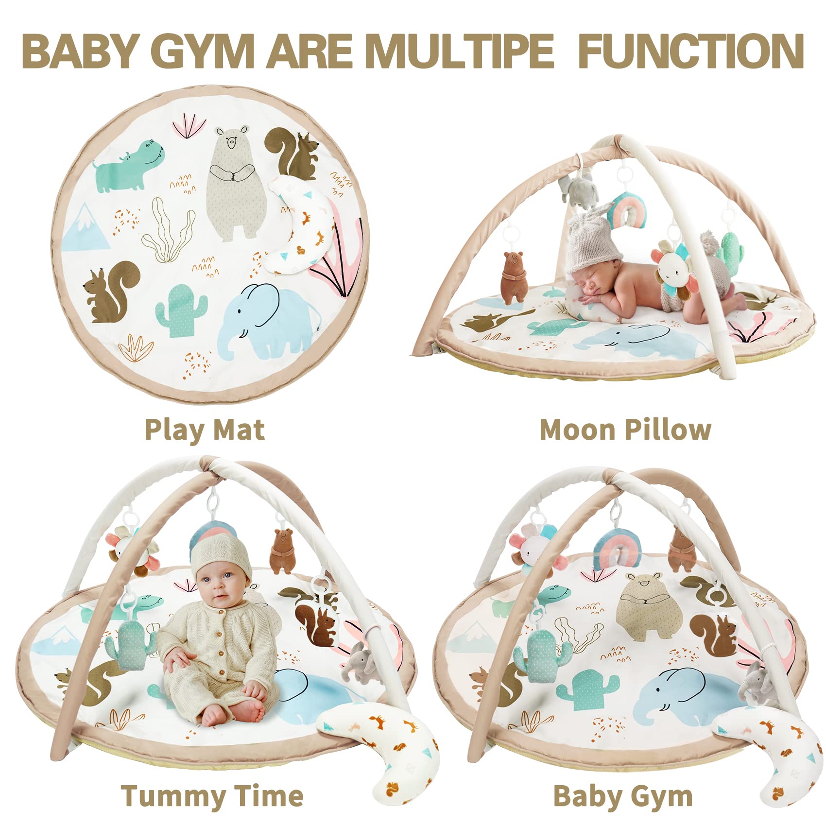 Baby Gym and Infant Play Mat with Velvet Fabric Tummy time Pillow, Animal Design for Newborn Stage-Based Developmental Activity Gym for Babies to Toddlers with 7 Toys