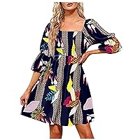 Women's Summer Midi Dress Classic Puffy Sleeve Square Neck Smocked Tiered Ruffle Backless Dresses 0035