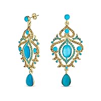 Large Aqua Blue Cats Eye Crystal Boho Prom Statement Chandelier Earrings For Women Gold Plated Alloy