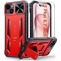 FNTCASE for iPhone 15 Plus Case: Heavy Duty Shockproof Cover with Kickstand | Rugged Military Grade Drop Proof Protection Matte Textured TPU Protective Sturdy Phone Shell Red