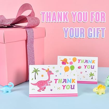 WERNNSAI Dinosaur Thank You Card - 24 Sets Kids Dino Thank You Cards with Envelopes for Toddler Girls Childrens Blank Thank U Notes for Birthday Party Gift Cards 4