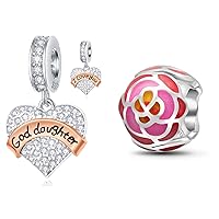 2pcs Set Rose Gold I Love You Goddaughter and Rose Flower Charms Fit DIY Bracelet, in 925 Sterling Silver, Gift for Wife/Girl/Granddaughter
