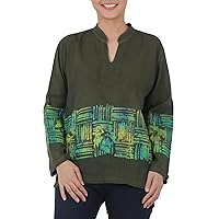 NOVICA Artisan Handmade Cotton Batik Blouse Long Sleeved Green with Painted Pattern Clothing Top Thailand 'Olive Branch'