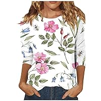 Women's T-Shirts, Women's Casual Three Quarter Sleeve Floral Print Round Neck Loose Shirts Pullover Top Blouse