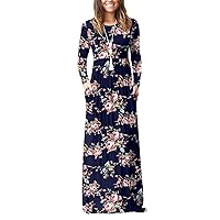 GRECERELLE Women's Long Sleeve Loose Plain Floral Print Maxi Dresses Casual Long Dresses Pockets FP-Rose Navy-Large