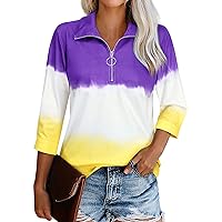 Dresswel Tie Dye Color Block Shirt 3/4 Sleeve Tops for Women Zipper Collared V Neck Polos Shirts Dressy Casual Blouses