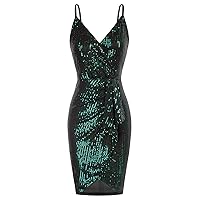 GRACE KARIN Women's Sexy Sequin Dress Wrap V-Neck Ruched Bodycon Spaghetti Straps Cocktail Party Night Club Dresses