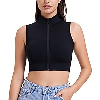 LEINIDINA Mock Neck Tops for Women Front Zipper Sport Bra Sleeveless Tank Crop Top