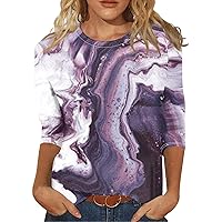 Womens Summer Tops 3/4 Sleeves Dressy Casual Geometric Print Graphic Tees Athletic Crewneck Shirts Plus Size Blouses