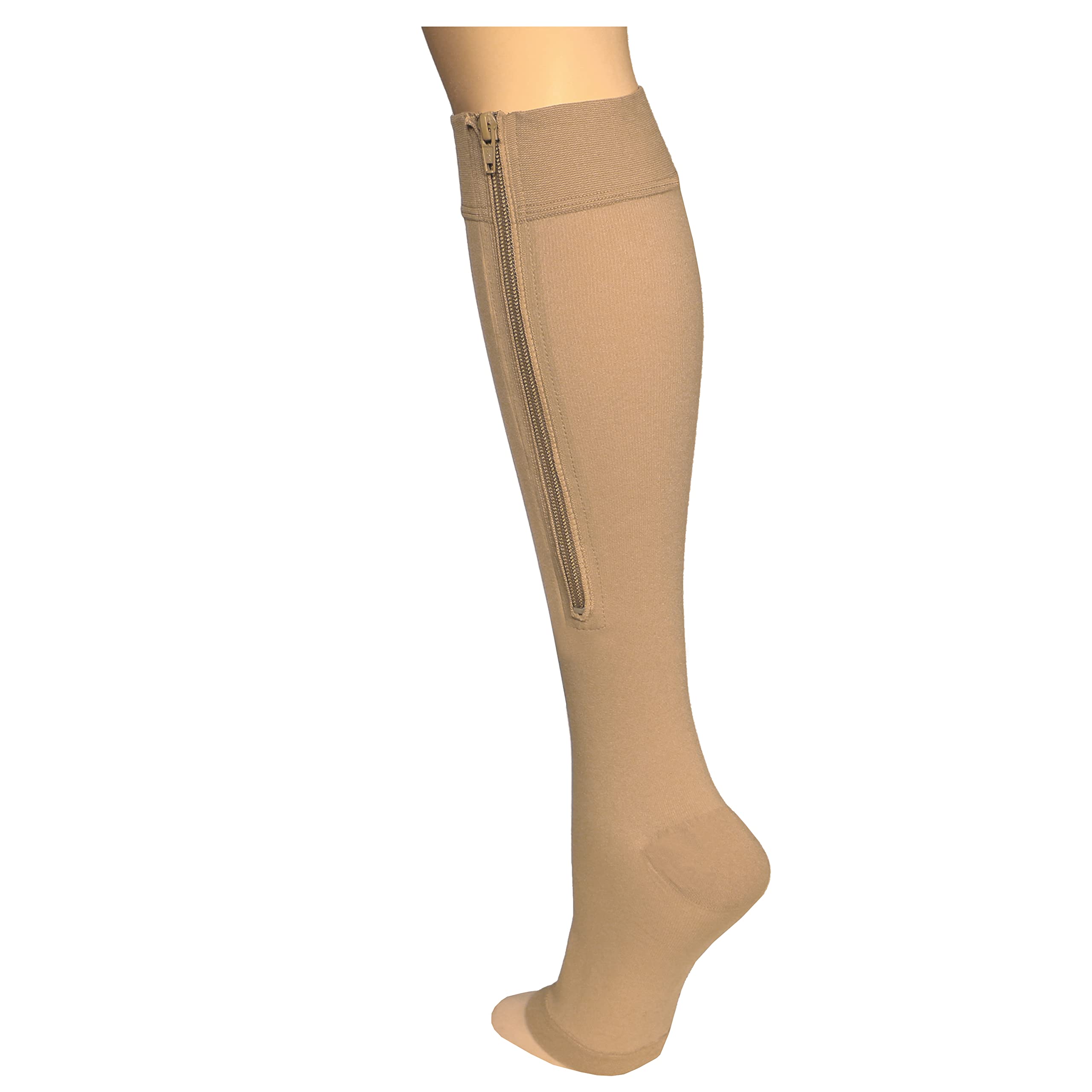 Truform Zipper Compression Stockings, 15-20 mmHg Medical Socks, Women and Men, Knee High, Open Toe, Beige, Medium