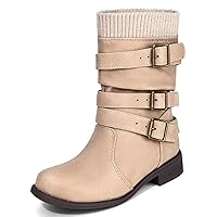 Coutgo Girls Boots Buckle Strap Low Chunky Heel Pull On Winter Mid Calf Riding Boot