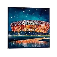 Beijing National Stadium Bird's Nest Poster World Famous Buildings Poster 3 Canvas Poster Wall Art Decor Print Picture Paintings for Living Room Bedroom Decoration Frame-style 24x24inch(60x60cm)