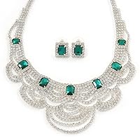 Bridal, Wedding, Prom Clear/Emerald Green Austrian Crystal Layered Necklace and Stud Earrings Set In Silver Tone - 36cm L/ 6cm Ext