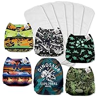 Mama Koala 1.0 Cloth Diapers for Babies, 6 Pack with 6 Microfiber Cloth Diaper Inserts - One Size Washable and Reusable Pocket Diapers for Newborns and Toddlers (Dinosaur Explorers)