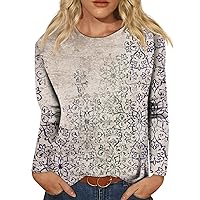 Womens Long Sleeve Tops Casual Round Neck Stripe Flora Graphic T Shirts Plus Sized Pullover Holiday Boho Shirts