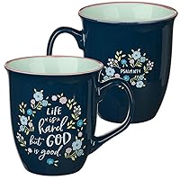 Christian Art Gifts Ceramic Large, 14 oz Floral Coffee & Tea Scripture Mug for Women: God is Good - Psalm 107:1 Encouraging Bible Verse for Friendship, Microwave/Dishwasher Safe, Navy/Pink/Pastel Blue