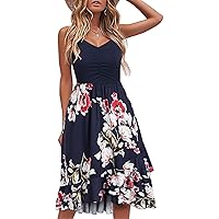 IHOT Casual Dresses for Women V Neck Sleeveless Floral Summer Beach Dress Spaghetti Strap A Line Sundresses with Pockets