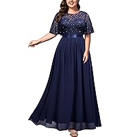 Miusol Women's Plus Size Sequin Lace Round Neck Butterfly Sleeves Formal Evening Maxi Dress