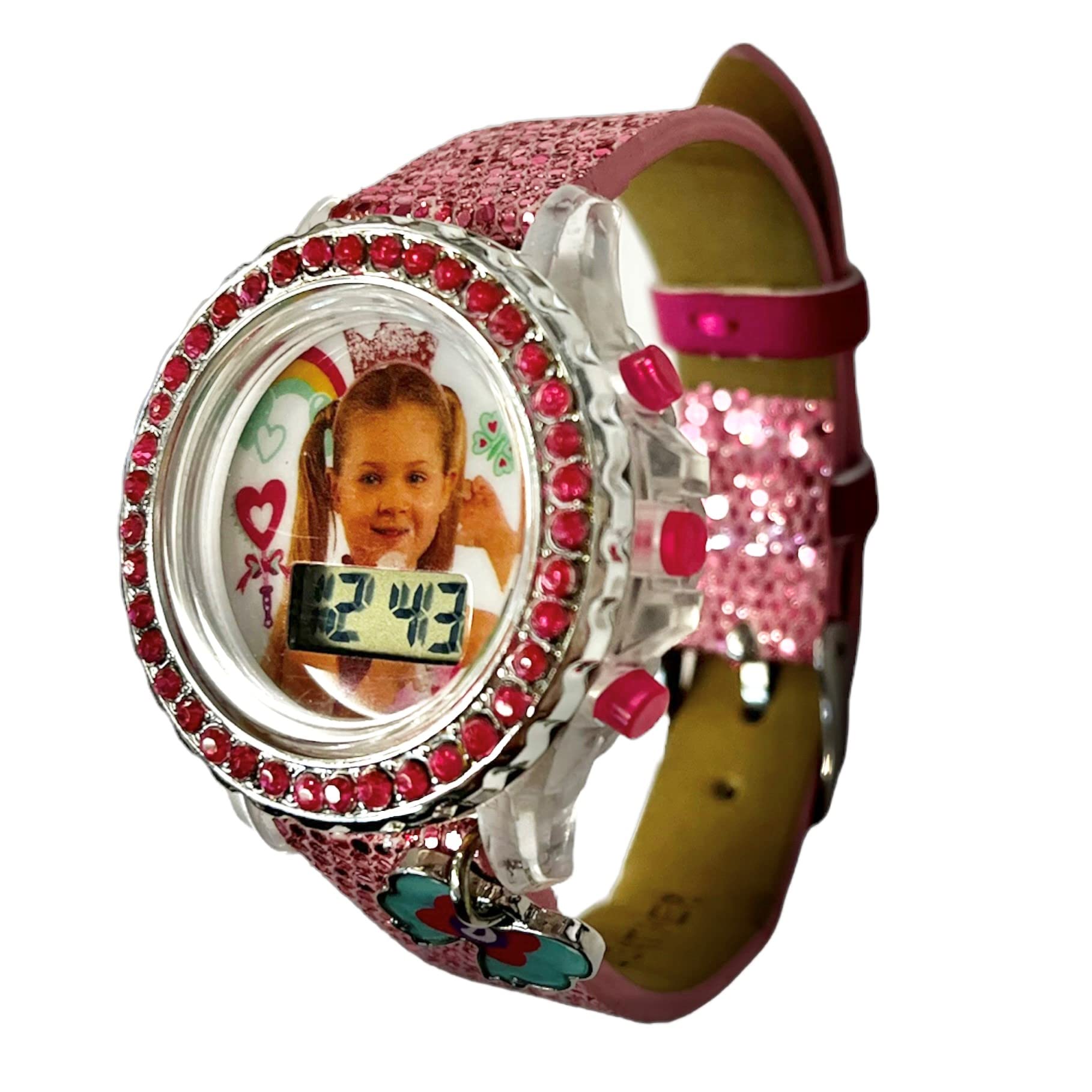 Accutime Kids Love, Diana Show Digital Quartz Pink Wrist Watch with Hanging Charm, Silver Bezel, Rhinestones, Pink Glitter Strap for Girls and Boys with Flashing LED Lights (Model: LDA4011AZ)