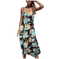 Women's Casual Dress Camisole Printed Beach Midi Dress Knee Length Backless High Waist Button Down Sleeveless