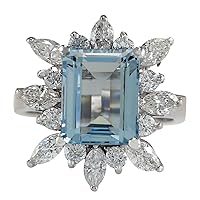 5.1 Carat Natural Blue Aquamarine and Diamond (F-G Color, VS1-VS2 Clarity) 14K White Gold Luxury Cocktail Ring for Women Exclusively Handcrafted in USA