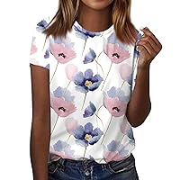 Tshirt Shirts for Women Short Sleeve Shirts for Women Floral Print Fashion Pretty Casual Loose with Round Neck Summer Tunic Blouses Purple Pink Small
