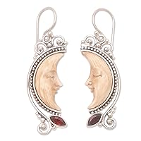 NOVICA Handcrafted .925 Sterling Silver Garnet Dangle Earrings from Bali Bone Indonesia Sun Moon Gemstone Birthstone [1.6 in L x 0.4 in W x 0.2 in D] 'Antique Moon'