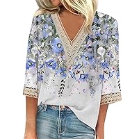 Women's Tops Shirt Blouse Casual Loose 3/4 Sleeve Lace Print V Neck Tops Tops T-Shirts Tee, S-3XL