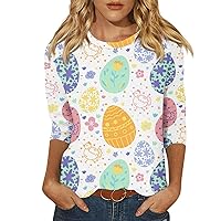Cute Tops Cosy Plus Size Casual Scoop Neck Bunny Eggs Pattern Cute Three Quarter Sleeve Easter Day T Shirts for Women Graphic