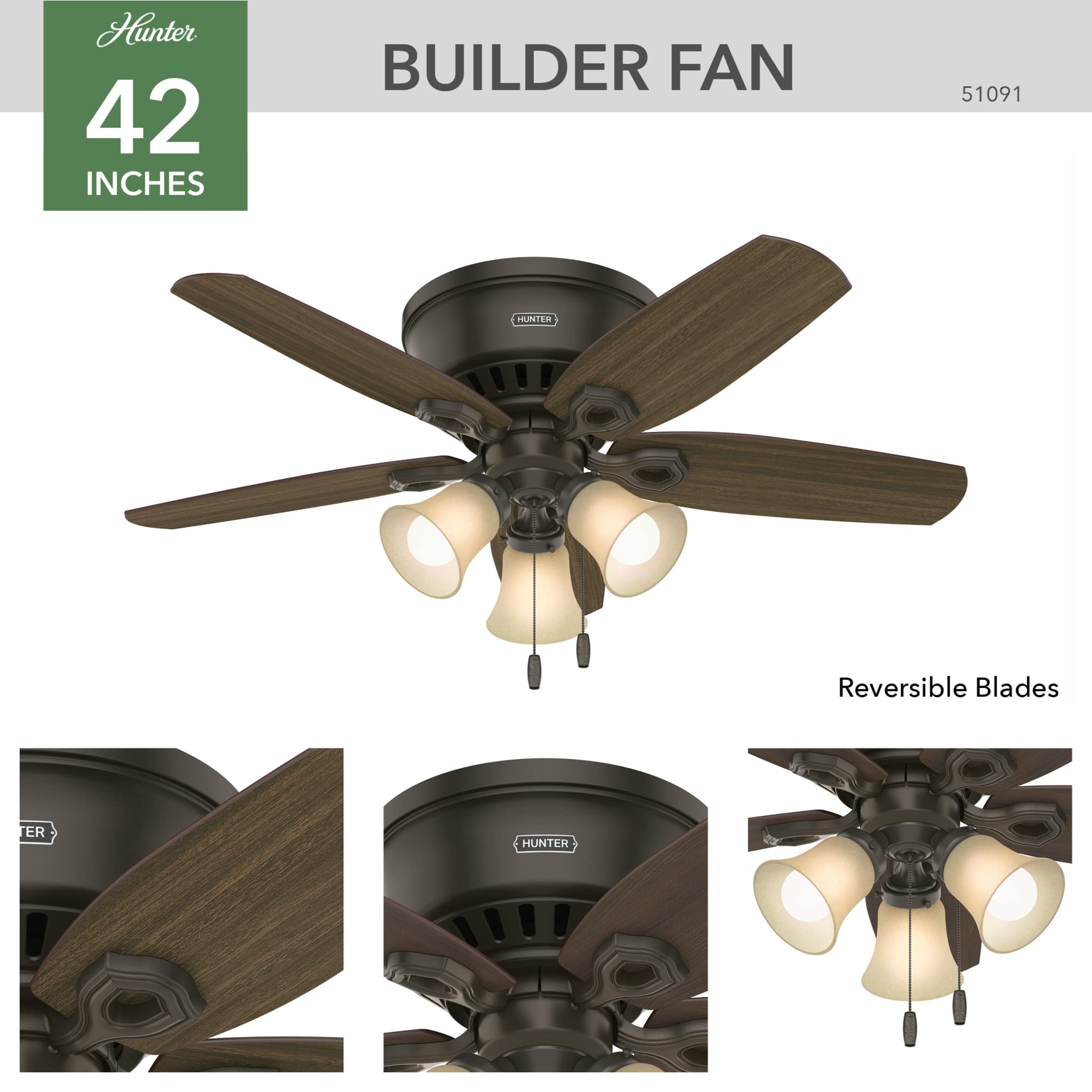 Hunter Fan Company, 51091, 42 inch Builder New Bronze Low Profile Ceiling Fan with LED Light Kit and Pull Chain