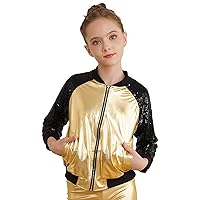 CHICTRY Kids Girls Bomber Jacket Shiny Sequin Raglan Long Sleeve Zip Up Jackets Hip Hop Dancewear