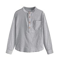Boys Linen Shirt Button Up Henley Long Sleeve Dress Shirts Cotton Lightweight Tees Tops with One Pocket