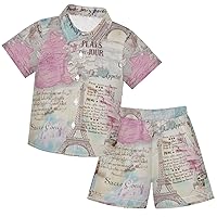 visesunny Toddler Boys 2 Piece Outfit Button Down Shirt and Short Sets Retro Paris Eiffel Tower Lettering Boy Summer Outfits